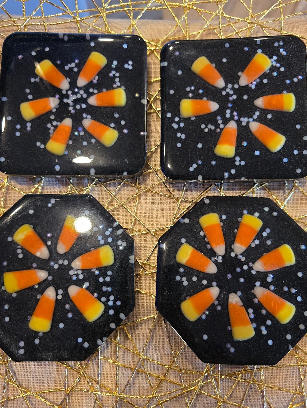 Handmade Black Candy Corn Coasters – Set of 4